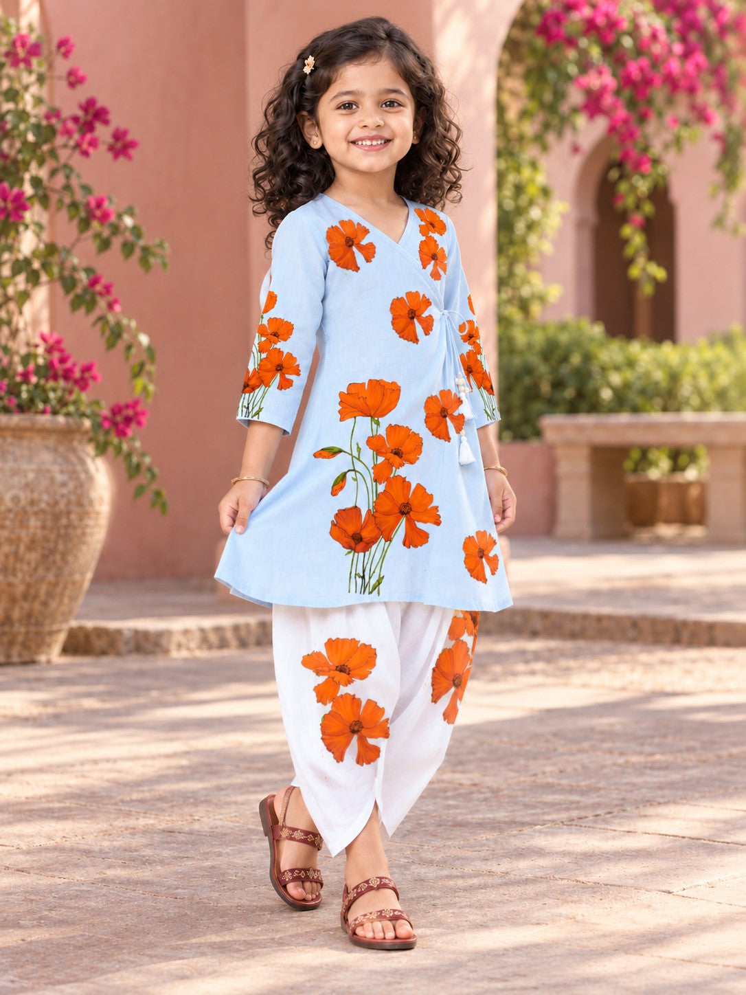 Girls' Sky Blue Cotton Kurti with Tulip pant Set – Printed