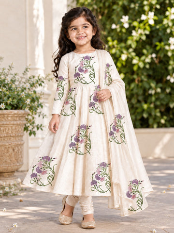 Girls' Off-White Art Silk Kurti and Churidar Pant Set – Printed