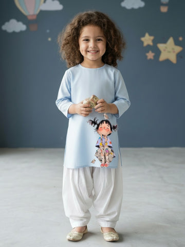 [DGKS-MGSP-RN] Girls Sky Blue Ethnic Motifs Printed Cotton Kurti Set