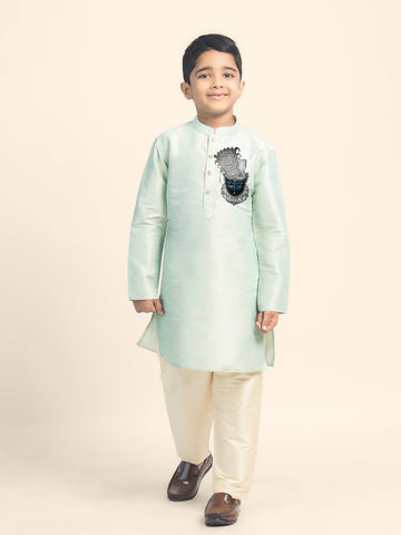 Boys Green Printed Kurta with Beige Pyjama Set