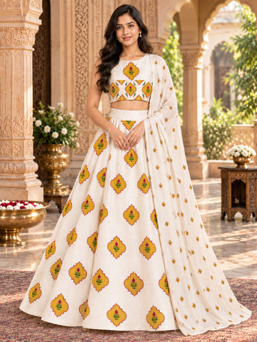 Women's Lehenga Off-White Art Silk Lehenga Set – Printed