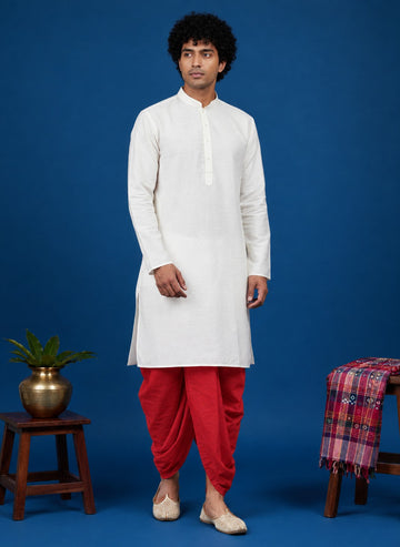 Men's White Cotton Kurta with Dhoti Set – Solid & Side Placket