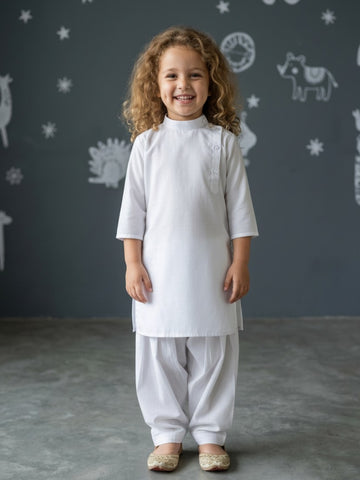 [DGKS-MG-B] Girls White Solid Side Placket cotton Kurti Set