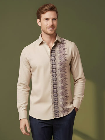 [DS-MGSP] Men's Beige Ethnic Printed Cotton Shirt