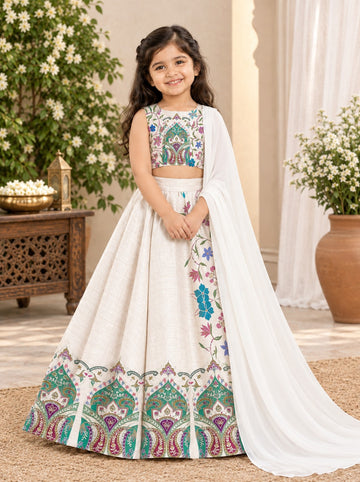 Girls' Off-White Art Silk Lehenga Set – Printed