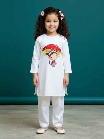 [DGKS-MGSP-RN] Girls White Ethnic Motifs Printed Cotton Kurti Set