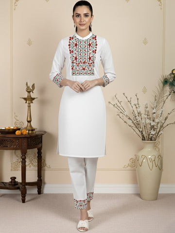 [DWKS-MGSP] Women White Ethnic Motifs Printed Cotton Kurti Set