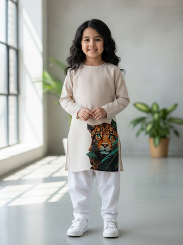 [DGKS-MGSP-RN] Girls Beige Ethnic Motifs Printed Cotton Kurti Set