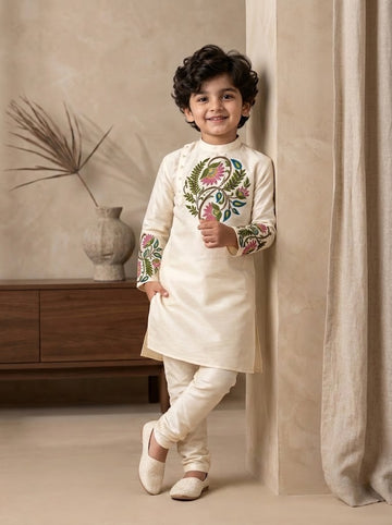 Boy's Off-White Art Silk Kurta Pyjama Set – Ethnic Print & Side Placket