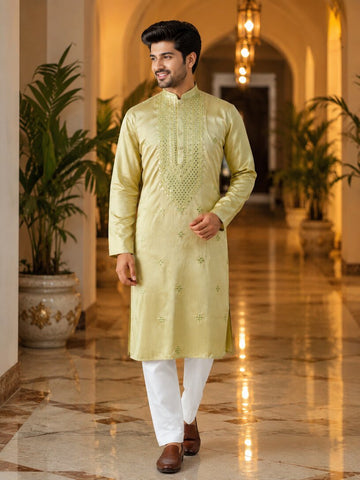 [NW] Men's Olive Green Embroidered Cotton Silk Kurta Set