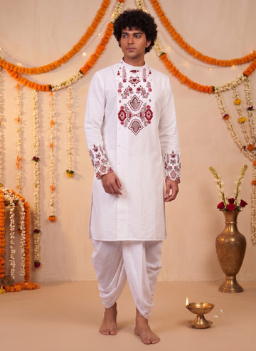 Men's White Cotton Kurta with Dhoti Set – Ethnic Print & Side Placket