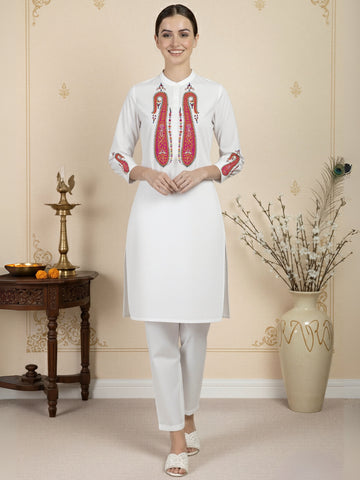 [DWKS-MGSP] Women White Ethnic Motifs Printed Cotton Kurti Set
