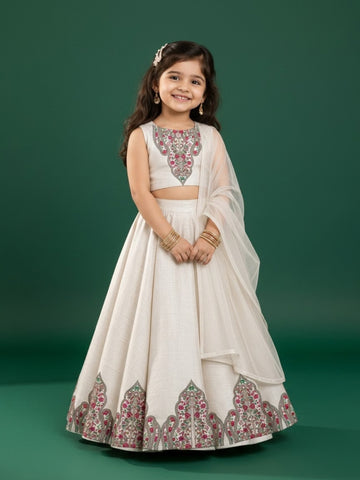 Girls' Off-White Art Silk Lehenga Set – Printed