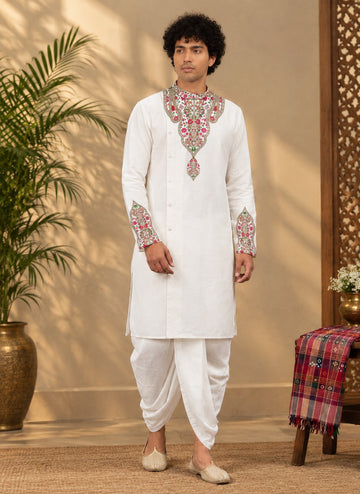 Men's White Cotton Kurta with Dhoti Set – Ethnic Print & Side Placket