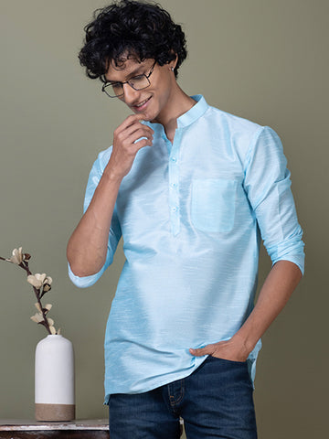 [DPS] Men's Light Blue Solid Art Silk Short Kurta