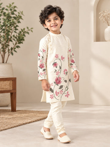 Boy's Off-White Art Silk Kurta Pyjama Set – Ethnic Print & Side Placket
