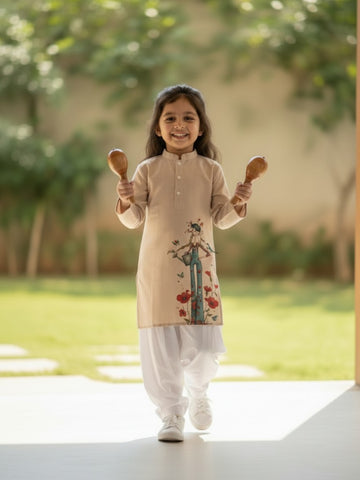 Girls' Beige Cotton Kurti Set – Ethnic Print