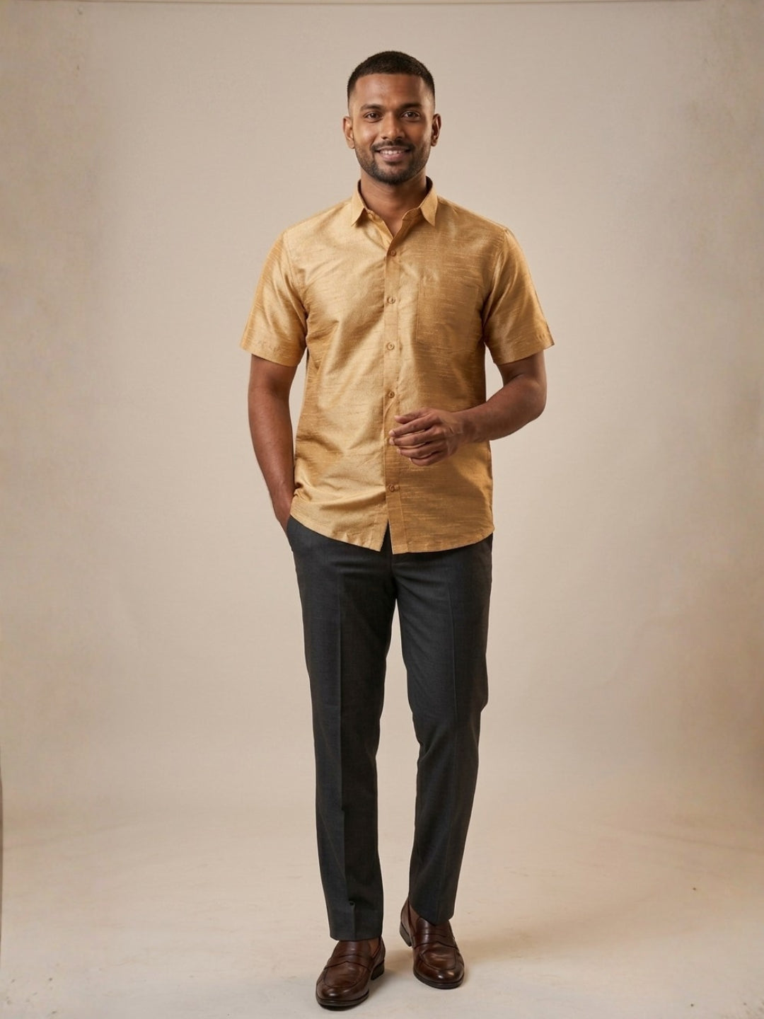 [DS-DP] Men's Beige Solid Textured Art Silk Shirt