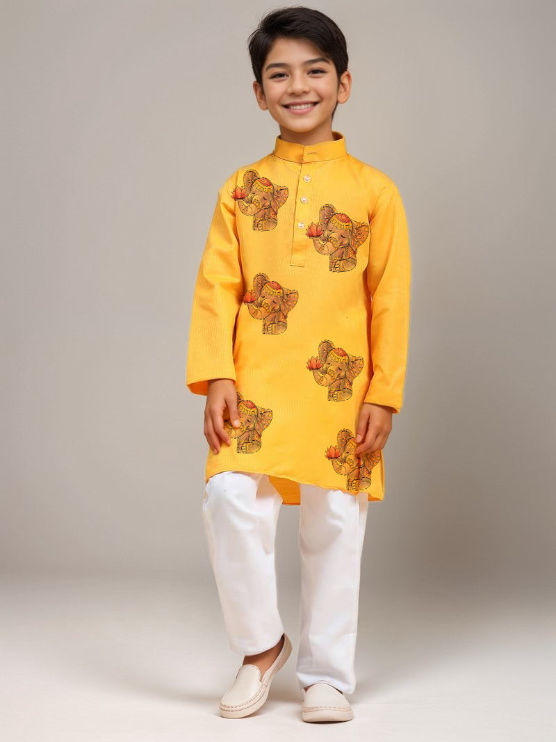 Boys  Yellow Printed Kurta with Pyjama Set
