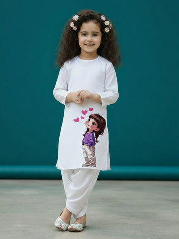[DGKS-MGSP-RN] Girls White Ethnic Motifs Printed Cotton Kurti Set
