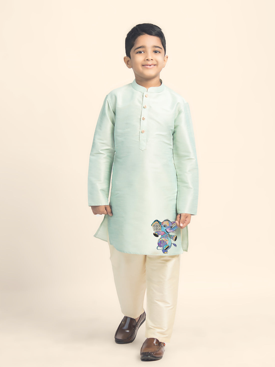 Boys Green Printed Kurta with Beige Pyjama Set