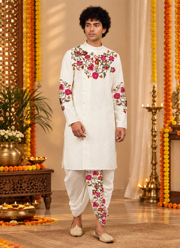 Men's White Cotton Kurta with Dhoti Set – Ethnic Print & Side Placket