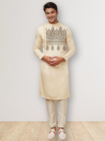 Mens Beige Side Placket Printed Kurta With Pyjama Set