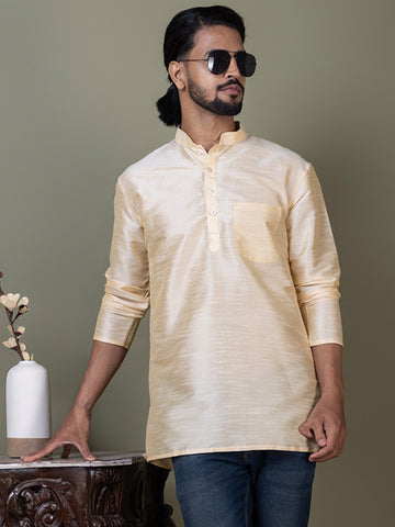 [DPS] Men's Beige Solid Art Silk Short Kurta