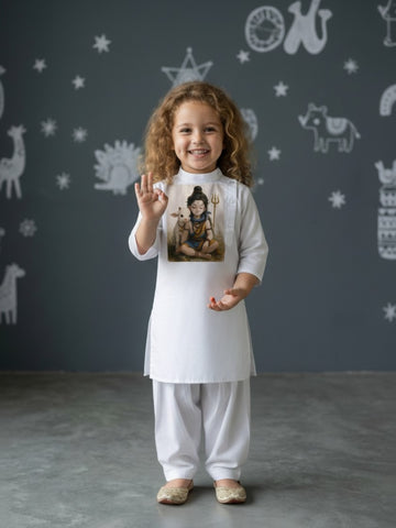 [DGKS-MGSP-B] Girls White Ethnic Motifs Printed Cotton Kurti Set