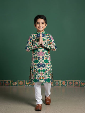 [DBKS-MGAO] Boy's Multi Colour Ethnic motifs Printed cotton kurta Set