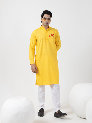 Mens Yellow Printed Kurta Pyjama Set