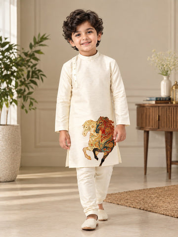 Boy's Off-White Art Silk Kurta Pyjama Set – Ethnic Print & Side Placket