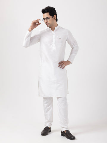 Woven Design Band Collar Dupion Silk Straight Kurta With Pyjama Set