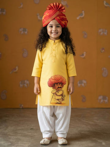Girls' Yellow Cotton Kurti Set – Ethnic Print