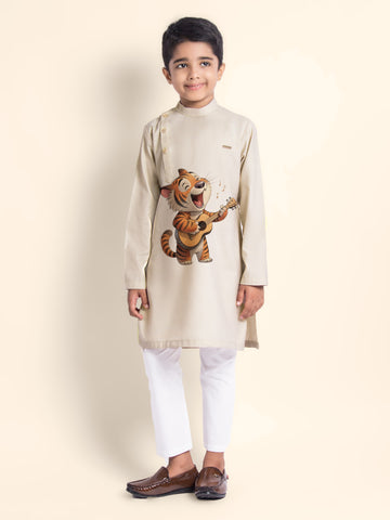 Boys Beige Printed Kurta With Pyjama