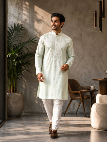 [NW] Men's Green Embroidered Cotton Silk Kurta Set
