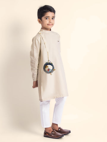 Boys Beige Printed Kurta With Pyjama