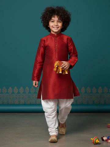 [DBKS-DP] Boy's Red Solid Art Silk kurta Set