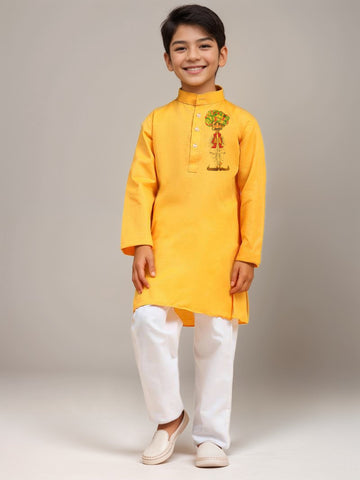 Boys Yellow Printed Kurta with Pyjama Set