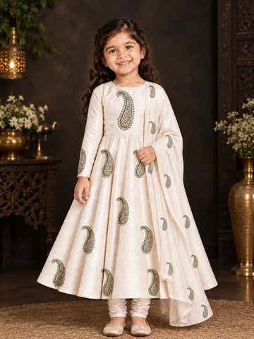 Girls' Off-White Art Silk Kurti and Churidar Pant Set – Printed