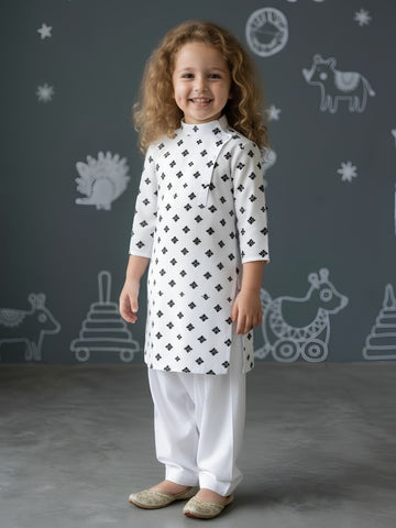 [DGKS-MGSP-B] Girls White Ethnic motifs Printed Cotton Kurti Set