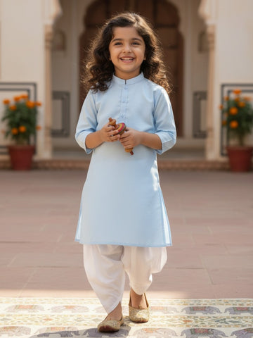 [DGKS-MG] Girls Sky Blue Solid Cotton Kurti Set