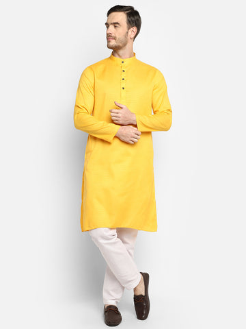 [SH] Men's Yellow Self Design Cotton Kurta Set
