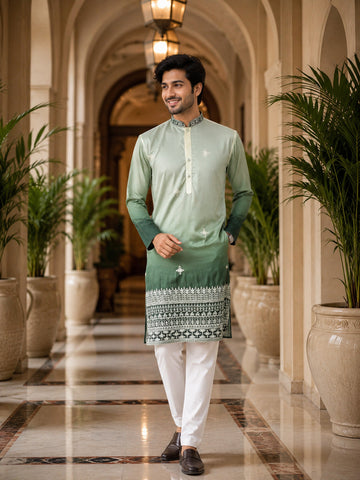 [NW] Men's Green Embroidered Cotton Silk Kurta Set