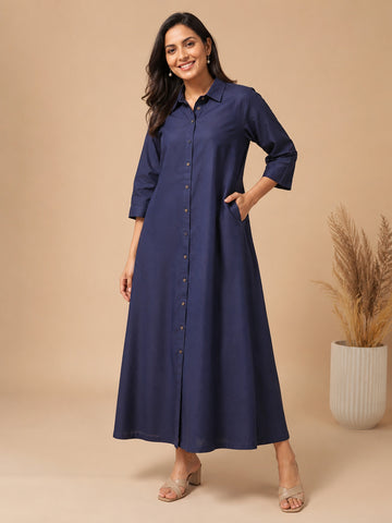 Women's Blue Cotton Linen Maxi Shirt Dress – Button Front