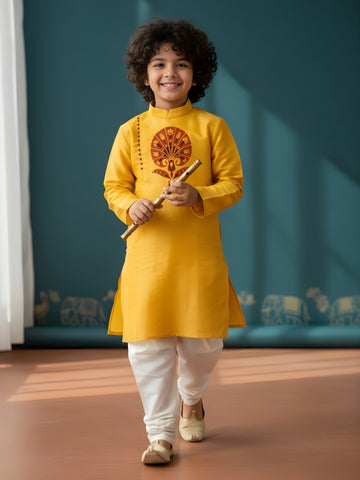 [DBKS-DPSP-B] Boy's Yellow Ethnic motifs Print Art Silk kurta Set