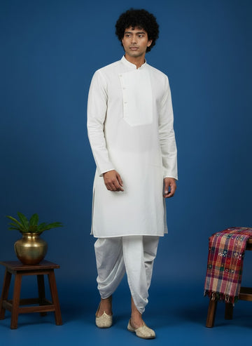 Men's White Cotton Kurta with Dhoti Set – Solid & Side Placket