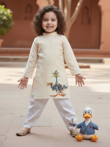[DGKS-MGSP-B] Girls Beige Ethnic motifs Printed Cotton Kurti Set