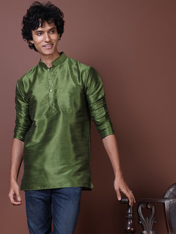 [DPS] Men's Green Solid Art Silk Short Kurta