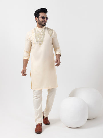 [MGSP-B] Men's Beige Ethnic Print Side Placket Cotton Kurta Set